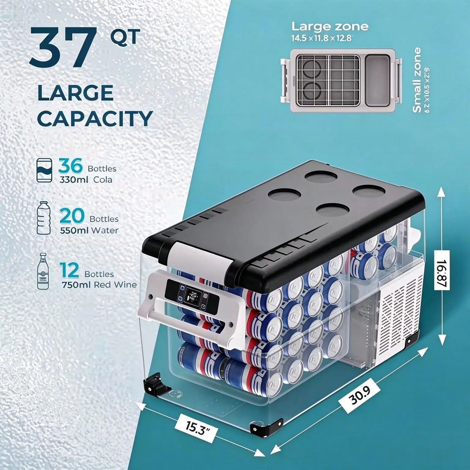 EKOJUCE 37QT Portable Fridge for Car No Ice Needed, 12V & 100-240V, Compressor Cooling, Dual Modes, Truck/Travel/Home Use, Low Noise