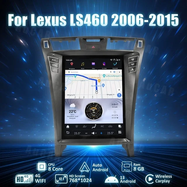 Aucar 12.1 Inch T-Style Screen Radio Latest Android 13 Auto Stereo GPS Navigation Multimedia Player For Lexus LS460 2006-2015