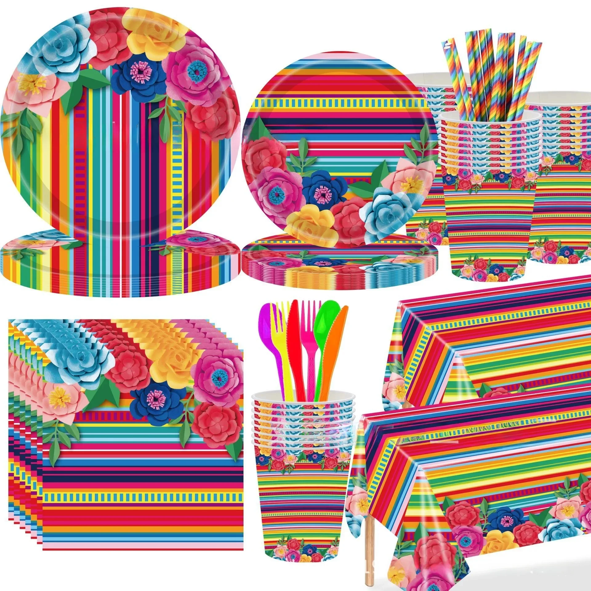 Vaisselle jetable à thème rayures florales pour carnaval mexicain, assiettes et serviettes à fleurs arc-en-ciel, décoration de fête d'anniversaire