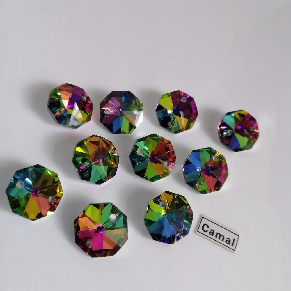 Camal 20pcs 14mm 1/2 Holes Rainbow Glass Crystal Octagonal Loose Bead Prism Pendant Chandelier Suncatcher Lighting Ornament Part