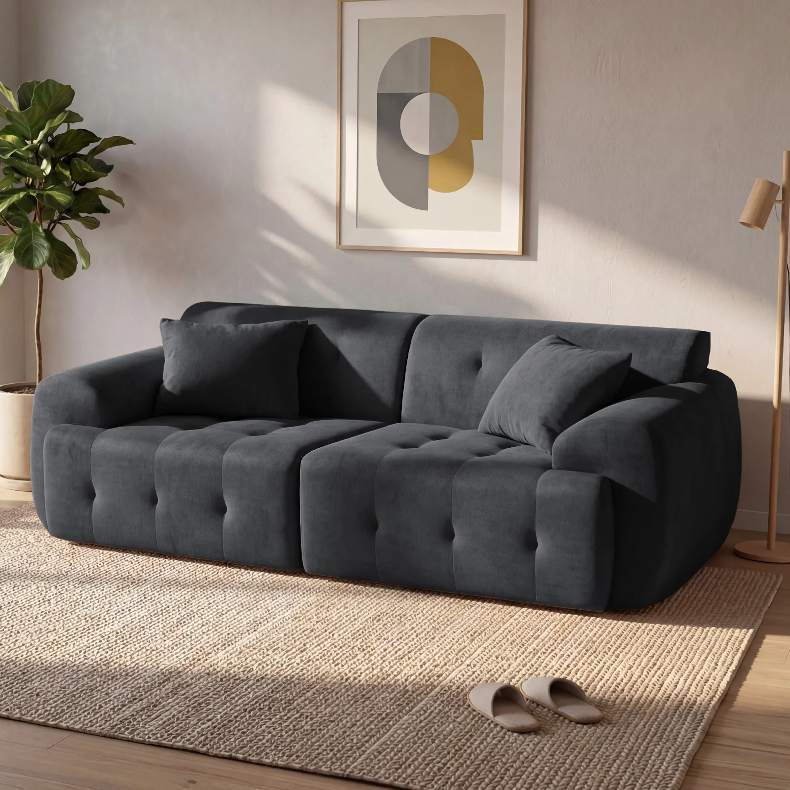 COMHOMA Sofa 2 Sitzer, 180 x 86 x 40 cm Bodensofa, Couch mit Rückenlehne, Kissen und Armlehne, Modernes Stoffsofa für Wohnzimmer, Wohnung, Büro, Keine Montage