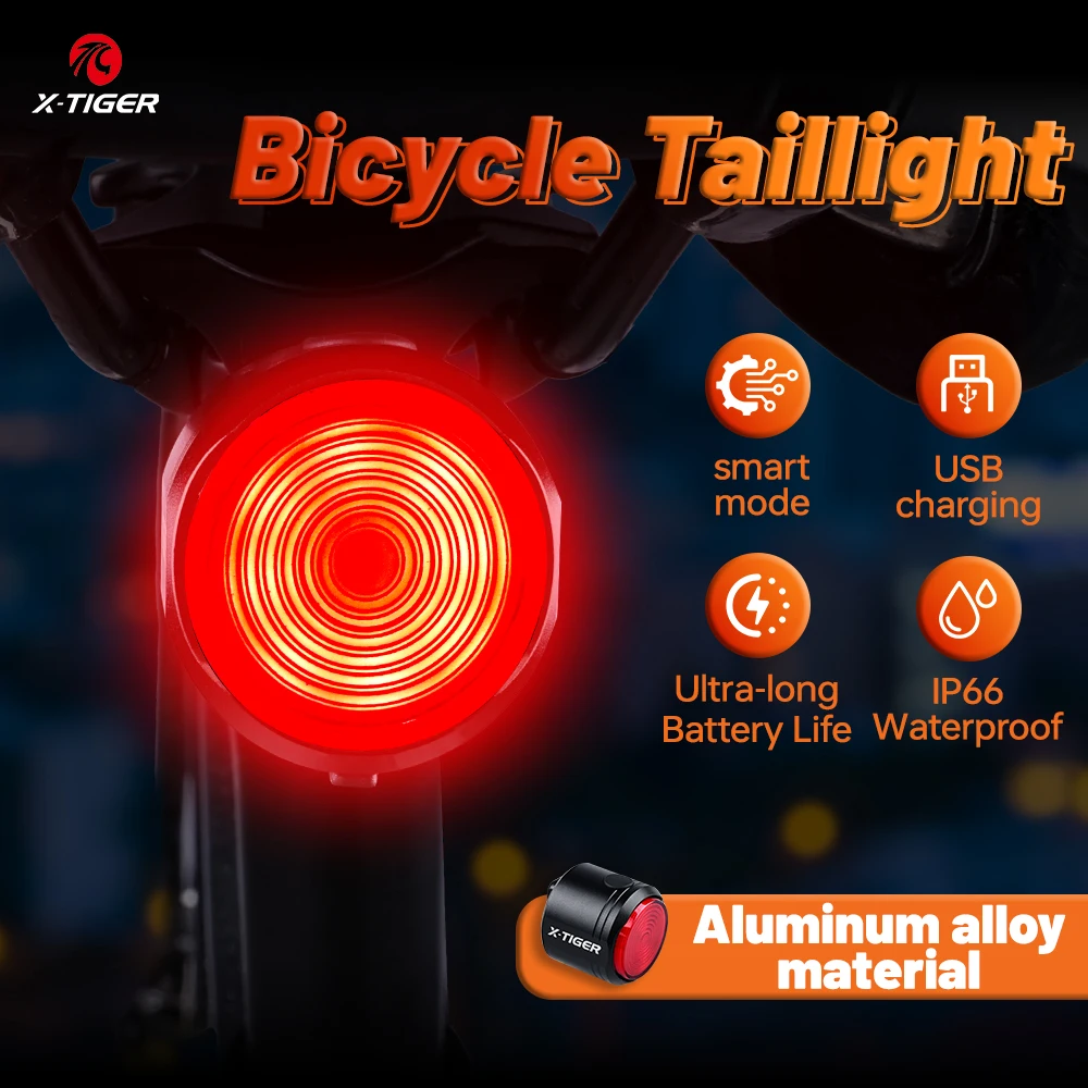 

X-TIGER Bicycle Tail Light Smart Brake Sensing Rear Bike Light Aluminum Waterproof Type-C Level Display 400mAh Rear Lights