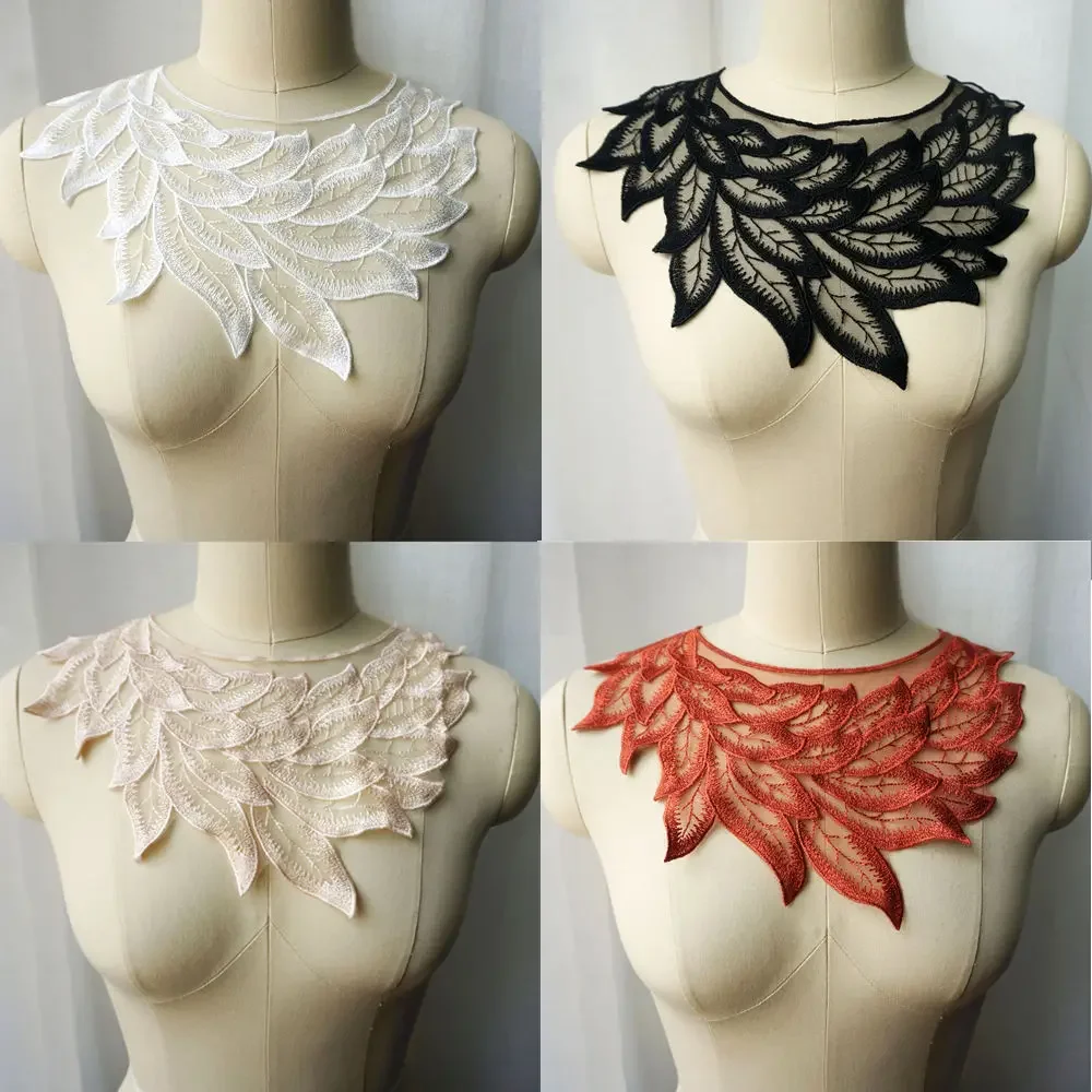 Czarny biały beż piórko liść koronki tkaniny kołnierz haftowane aplikacje Vintage Mesh Sew Patch na wieczorowa suknia ślubna DIY — zdjęcie 2