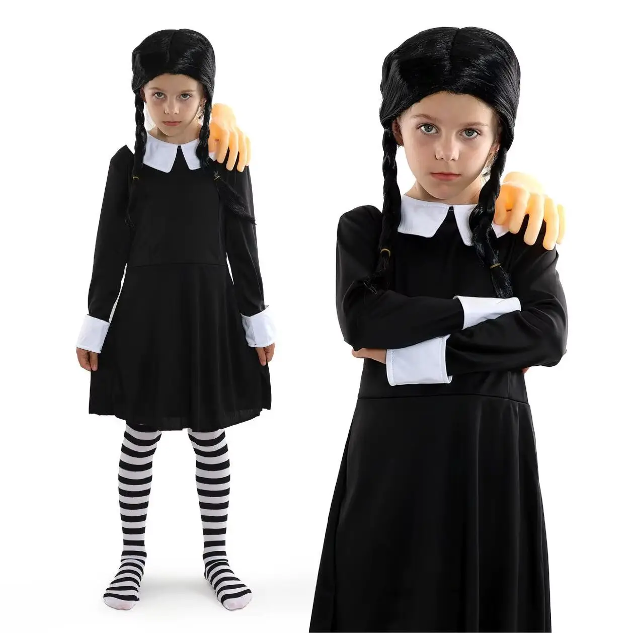 Gothic Schoolgirl Costume - Black Dress with White Collar, Striped Tights, Plait Wig & Hand Prop - Wednesday Halloween Outfit