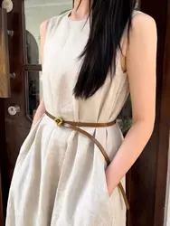 Elegant belted 100% linen long sleeveless dress