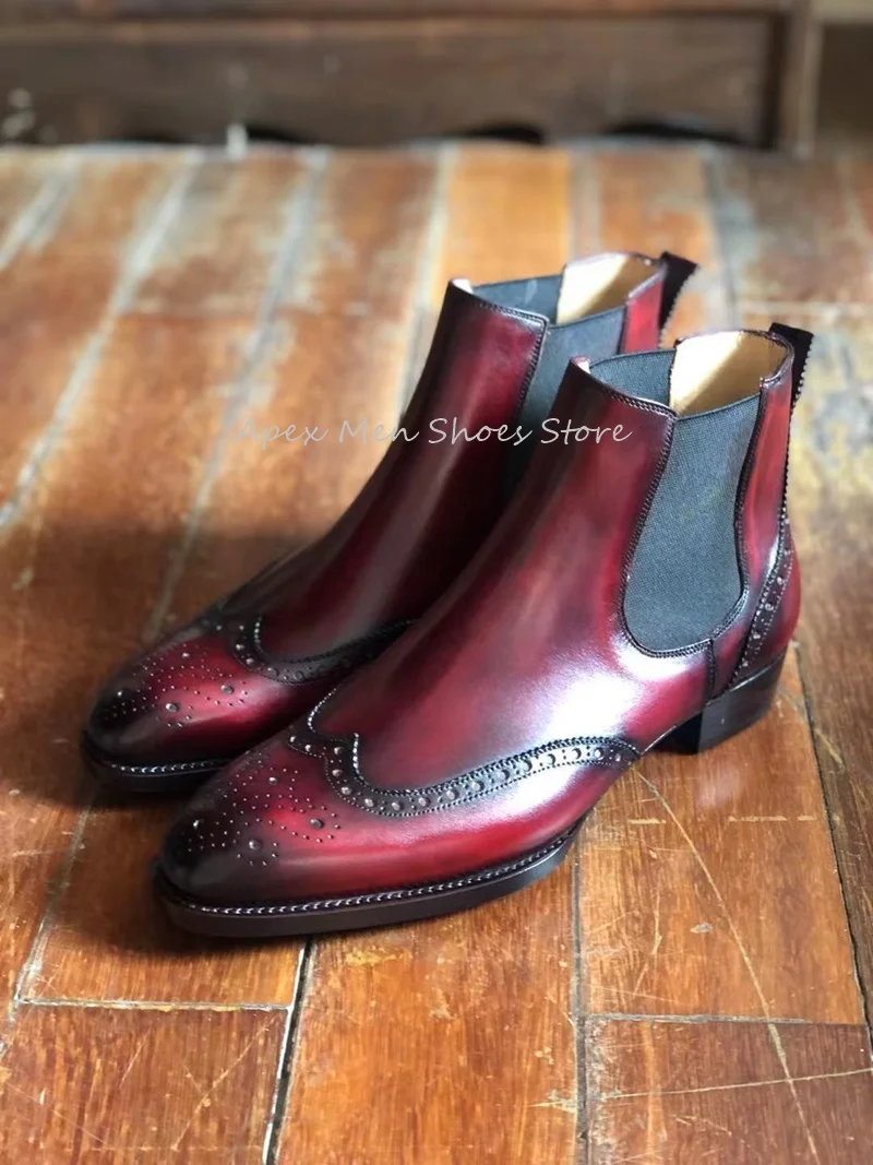 2024 New Genuine Leather Chelsea Boots Men's Vintage British Leather Sole Slip On Short Boots Round Toe Printed Handmade Boots