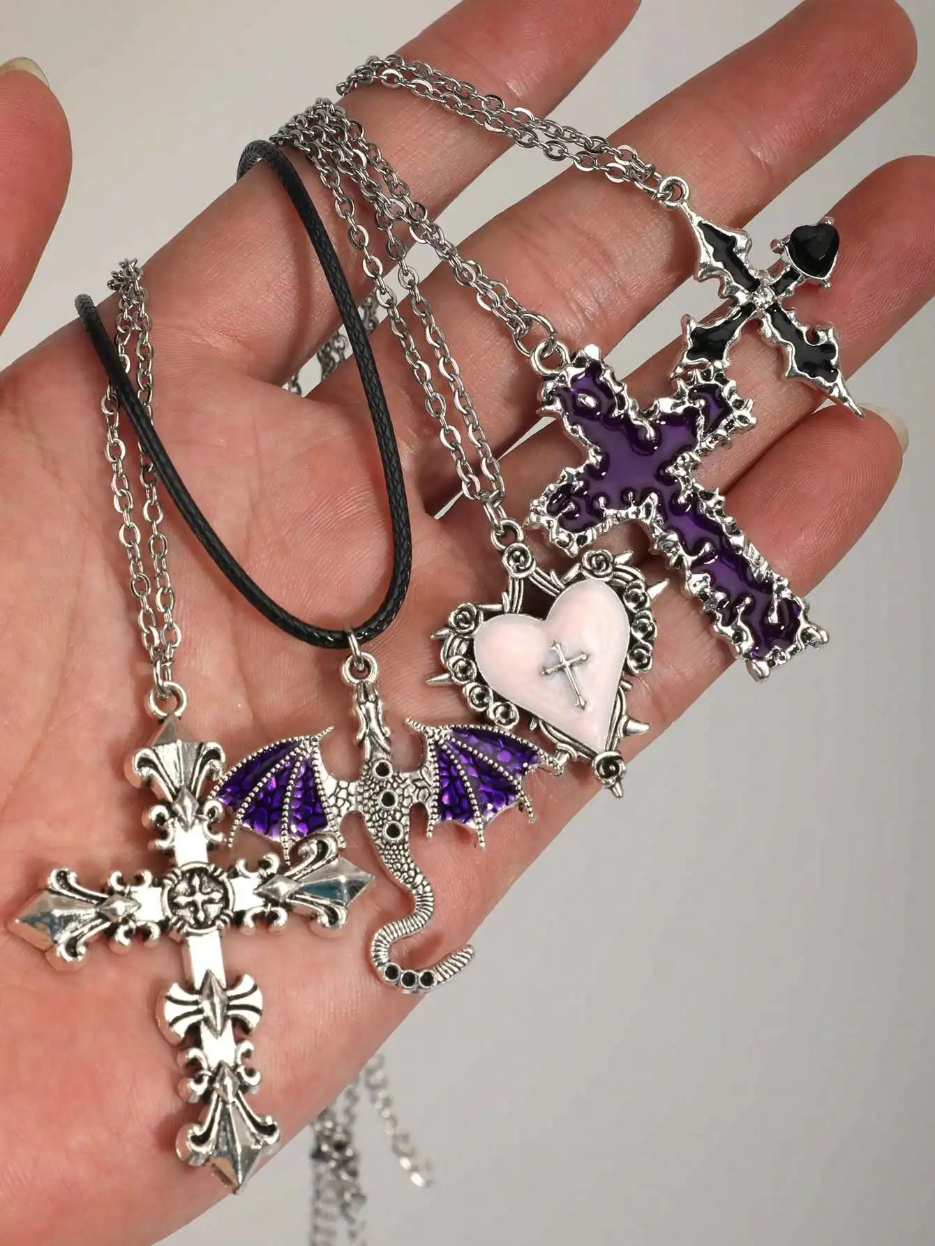 5pcs Vintage Gothic Style Cross, Heart, Rose, Angel Wing, Dragon Wing Necklace Set For Women