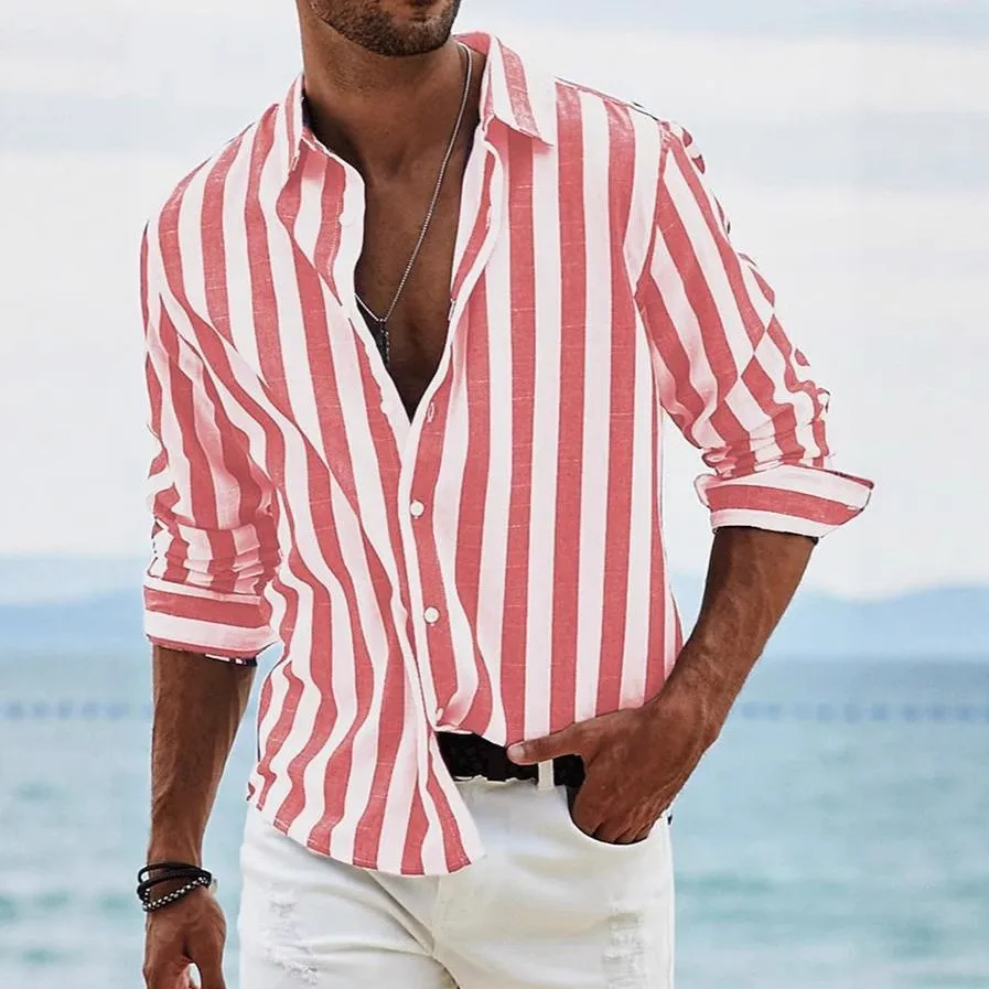 

Men's Stripe Printed Long Sleeve Shirts Loose Fitting Button Up Shirt Collar Shirt Tops Hawaiian Holiday Clothing Fashion Casual