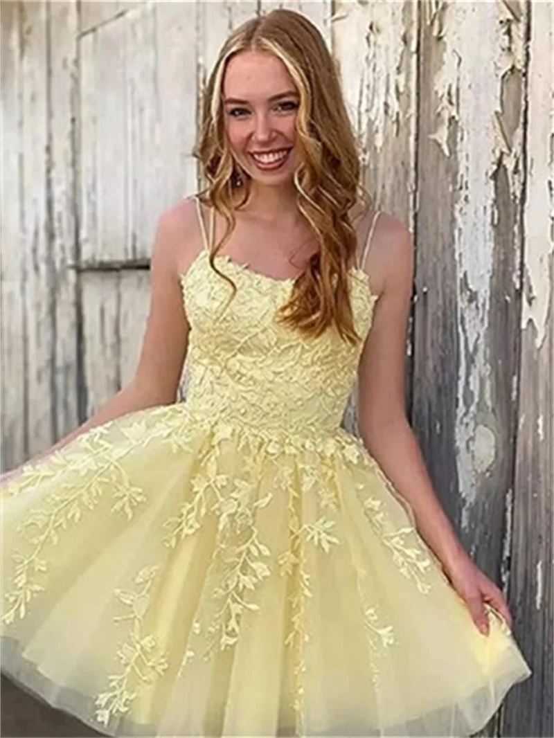 A-Line Spaghetti Straps Sleeveless Short Dresses With Lace Appliqued Tulle Graduation Dress Sweetheart Prom Gowns Party