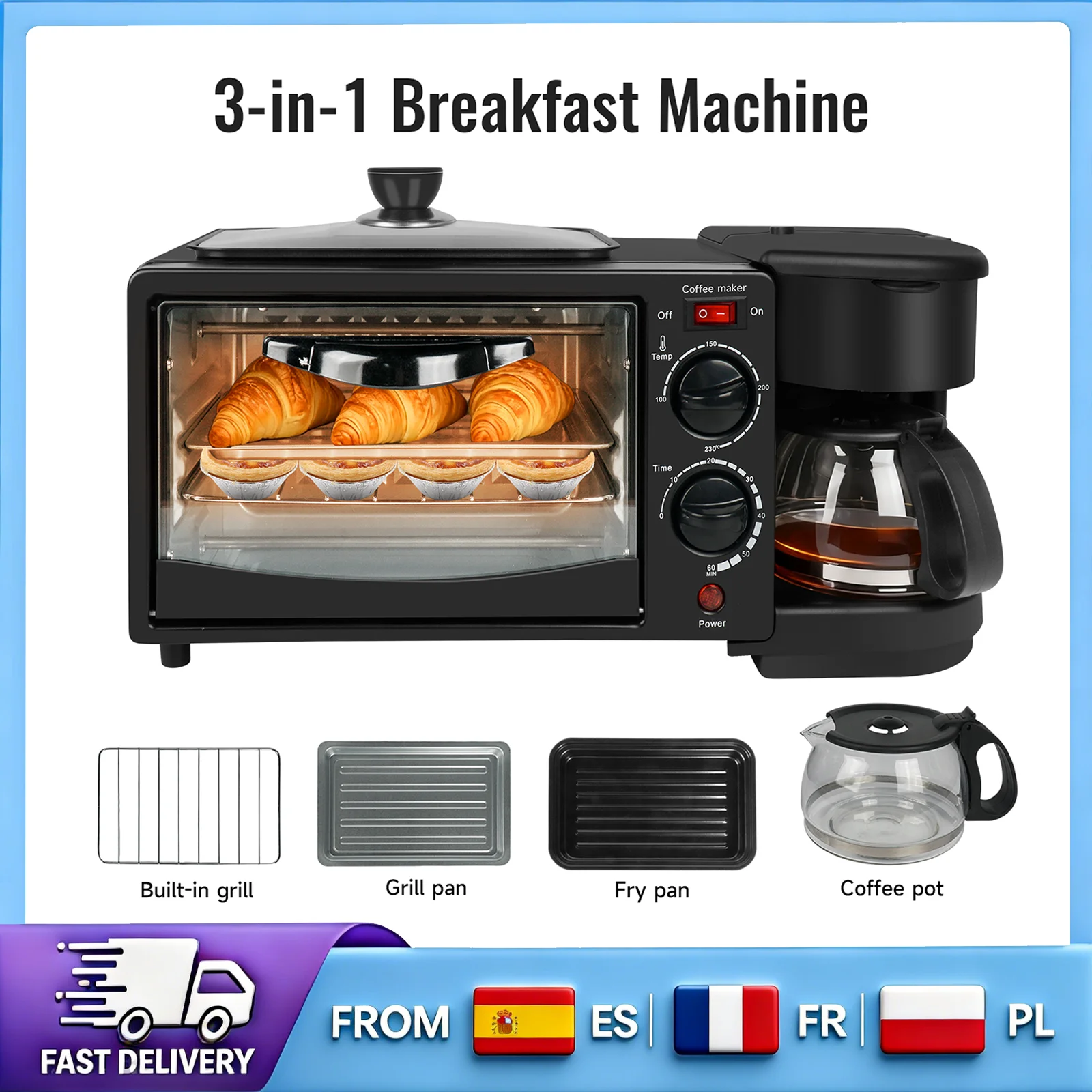 Máquina Multifuncional 3 en 1 para Desayunos con Horno, Cafetera y Plancha, Temporizador de 30 Minutos, Asa Anti-Quemaduras, Puerta de Vidrio a Prueba de Explosiones para el Hogar