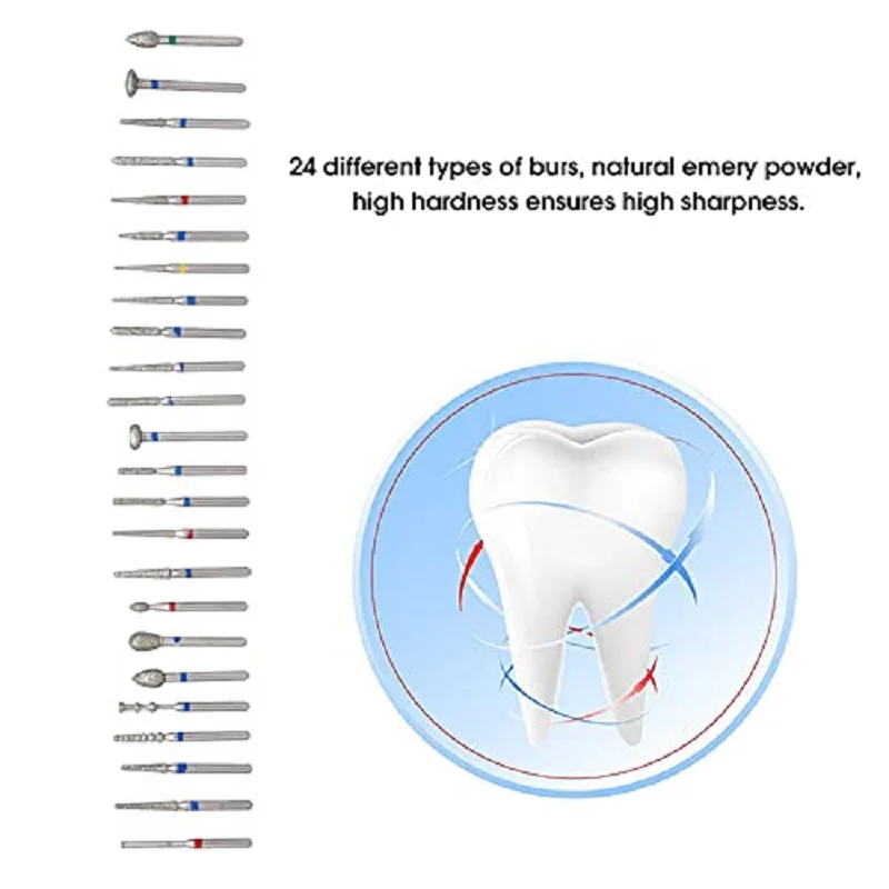 24Pcs Carborundum Polishing Drill Bits 10 Types for Tooth polishing Drill Bits, High Speed Diamond Burs Sanding Accessories