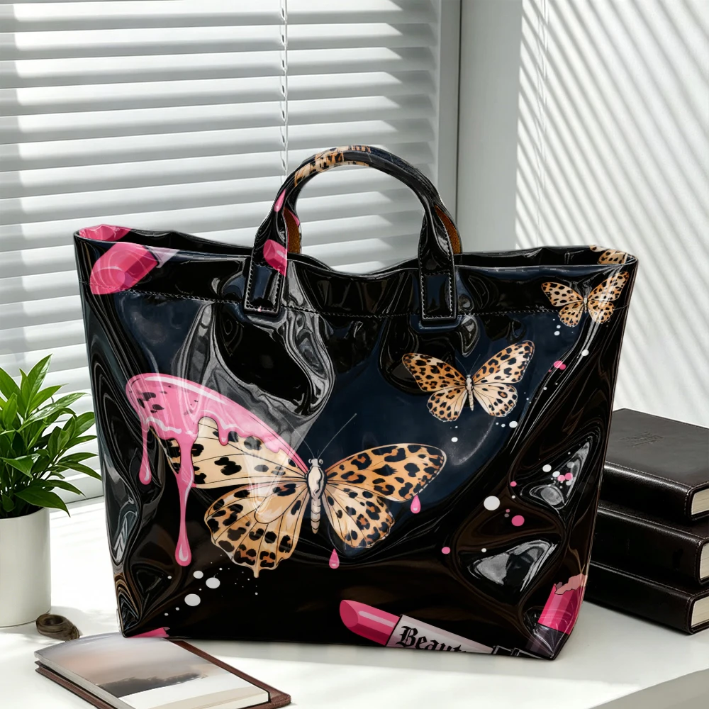 1pc Women Tote Handbag, Leopard Print Butterfly Dripping Pink Lipstick Beauty Gothic Print Handheld Bag, Y2K Cool Girls Large Capacity Shopping Tote Bag, Street Trend Cosmetic Daily Hand Bag For Women