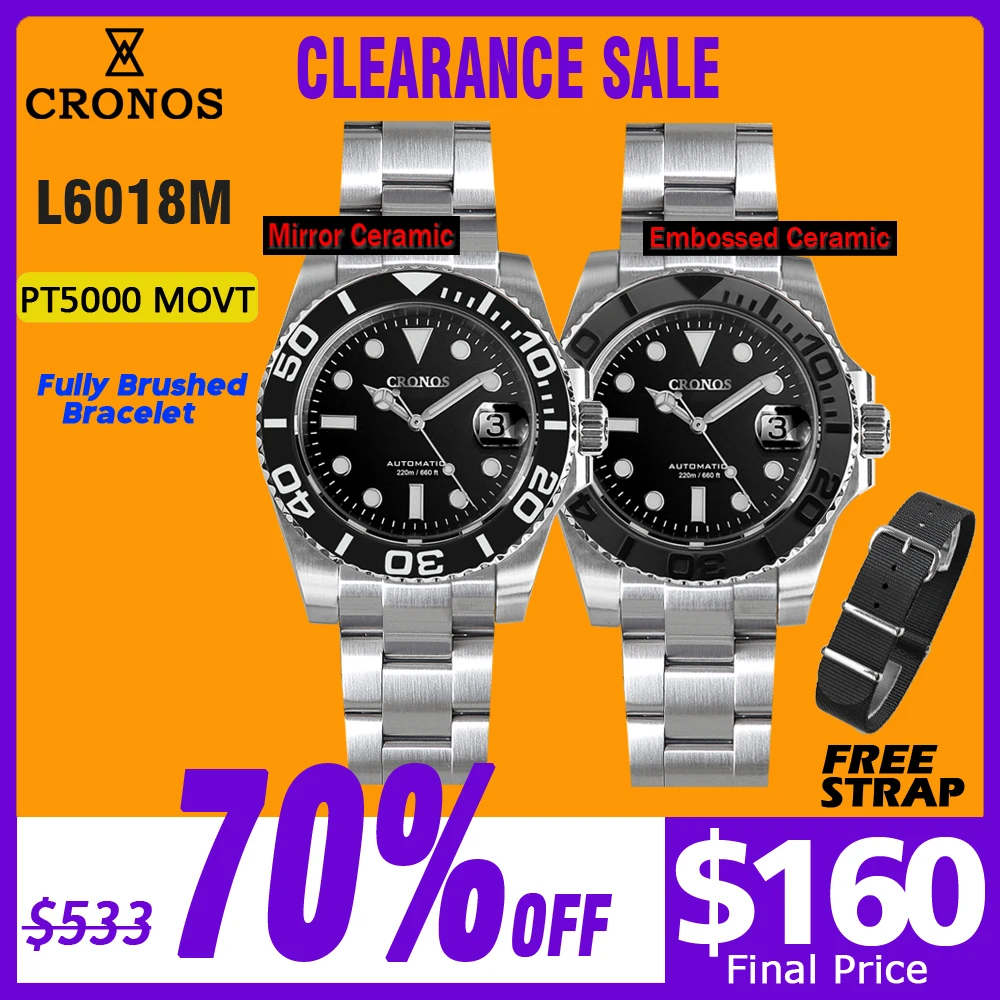 

Cronos Sub Diver Men Watch Stainless Steel PT5000 Brushed Bracelet Ceramic Bezel 200 meters Water Resistant L6018