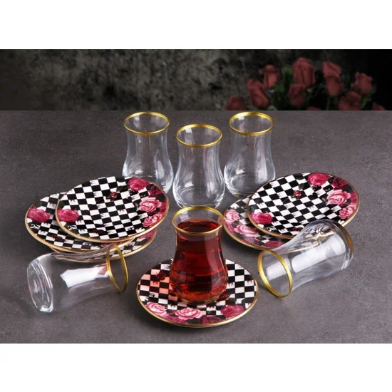 

Pinkev 6 Person Rose Checkered Ceramic Plate Tea Glass Set Product Contents: 6 Tea Cups (160cc), 6 Ceramic Plates. The product