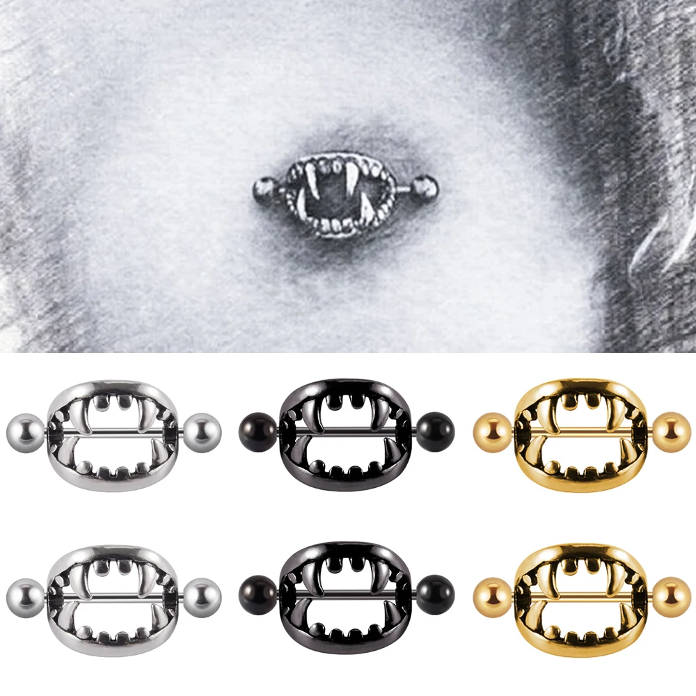 Pair 361L Surgical Steel Nipple Barbell Ring Vampire Teeth Nipple Shield Punk Mouth Nipple Piercing 14G Body Jewelry