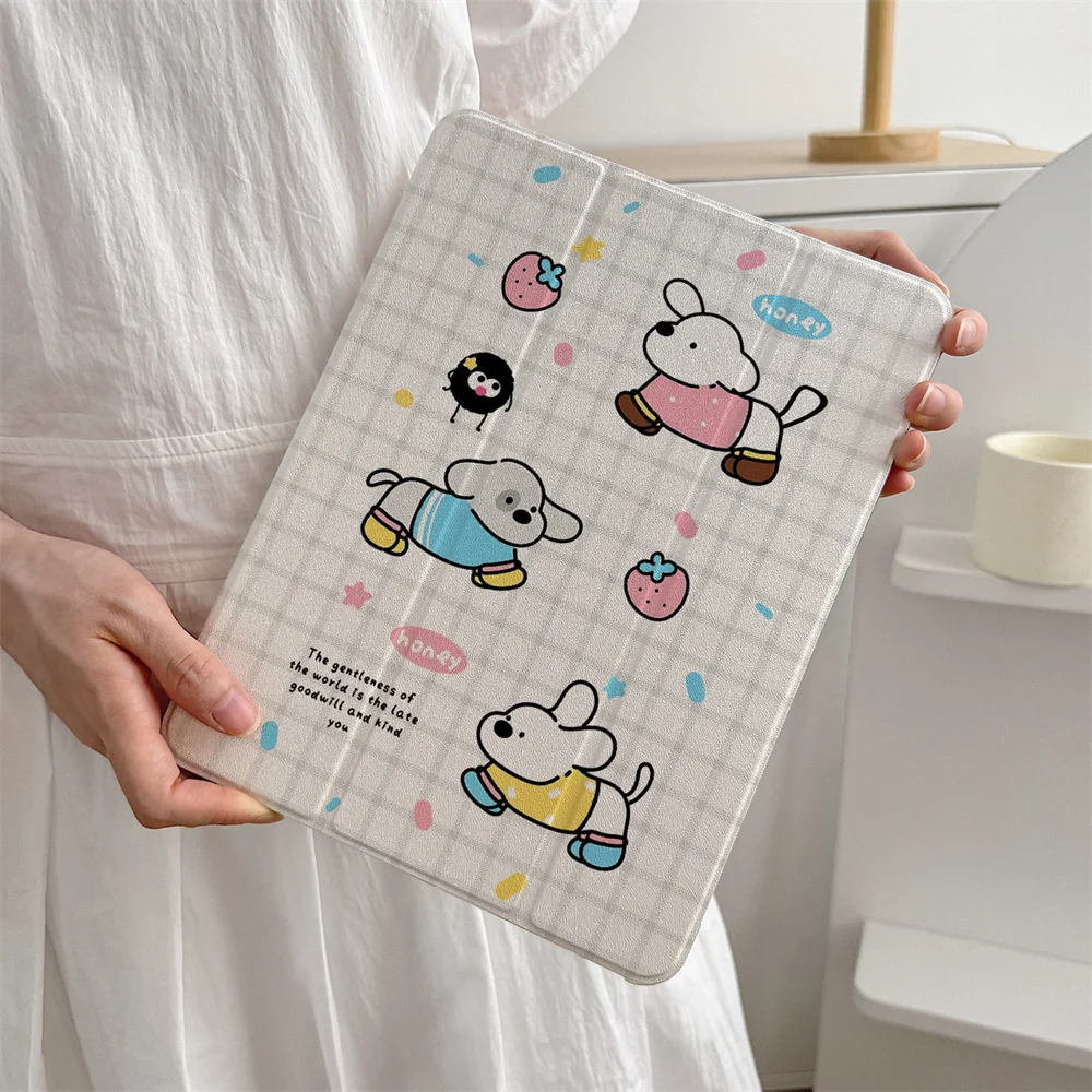 INS Korean Cute Checkered Puppy for iPad A16 2024 11 inch 2025 Air 5/4 10.9-inch iPad 10 9.7 10.2/10.5 Mini 6/5, with pen slot