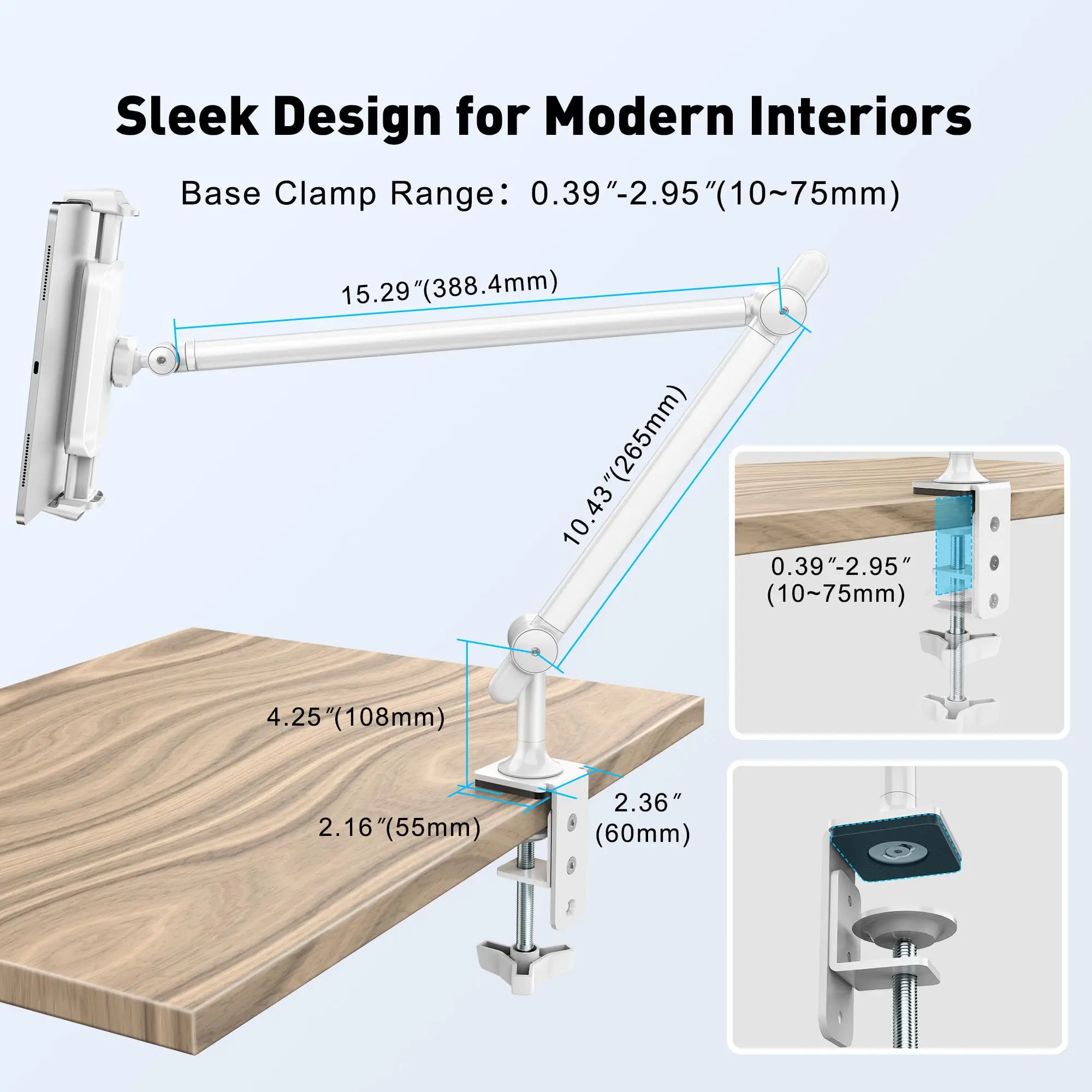 Tablet Stand Holder Aluminum Adjustable Arm Clamp Mount for Desk & Bed Compatible with 4.7