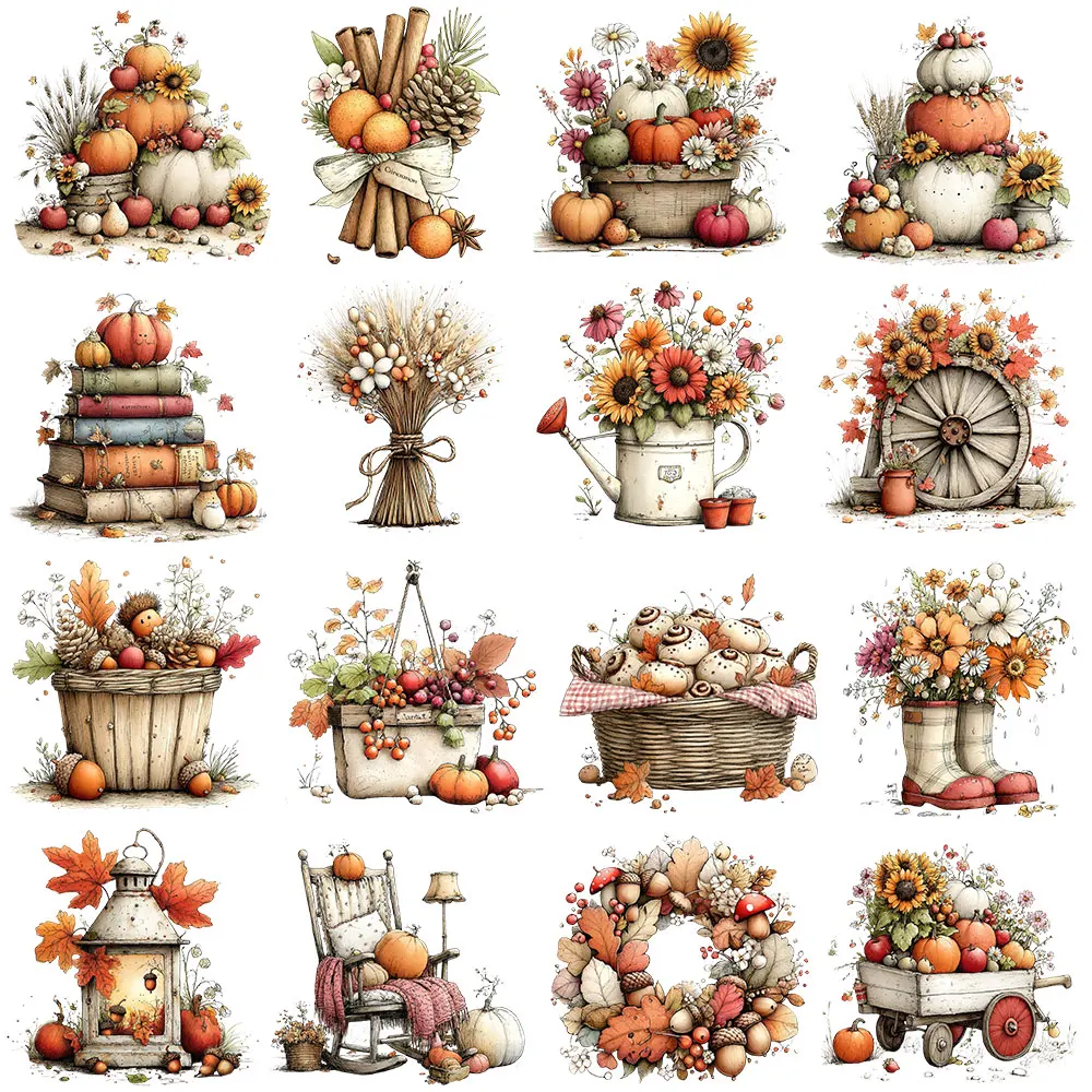 Vintage Autumn Harvest Iron on Vinyl Patches Pumpkin Wheat Wreath DIY Decor Stickers for Kids T-Shirt Hoodie Clothing