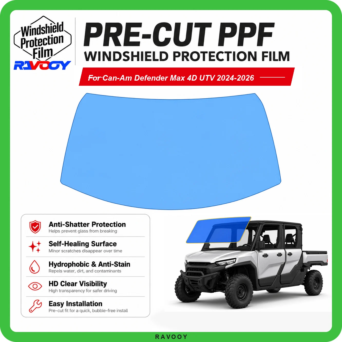 RAVOOY Pre-Cut Front Windshield Protection Film For Can-Am Defender Max 4D UTV 2024-2026 6.5mil Clear TPU UV Blocking Tool Kit