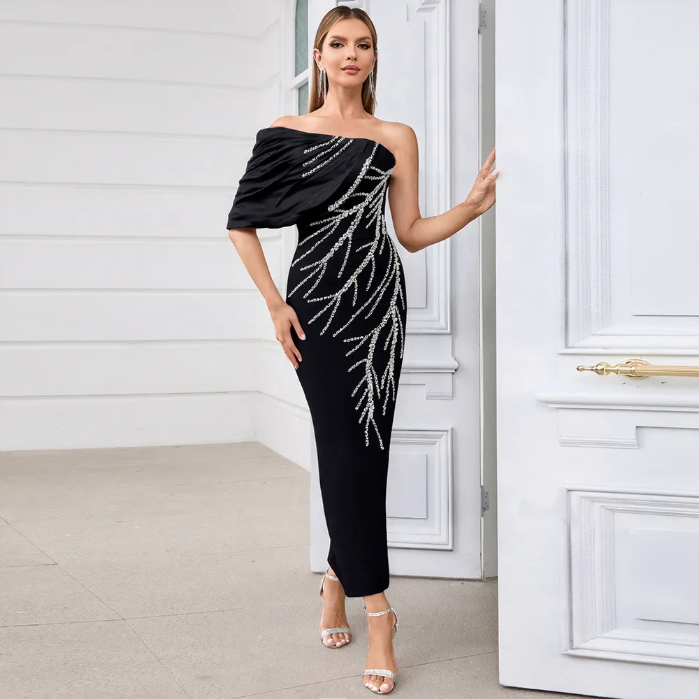 

Women new sexy mesh dress with exposed waist and diamond studded socialite temperament, bandage dress fashion party dress