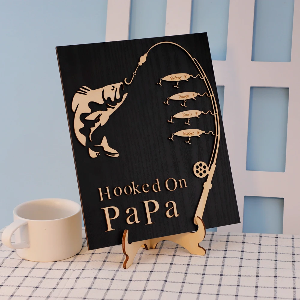 Hooked on Grandpa Papa Dad Father's Day Birthday Plaque Sign decor Personalized Customized Fishing Trip Gift For Him