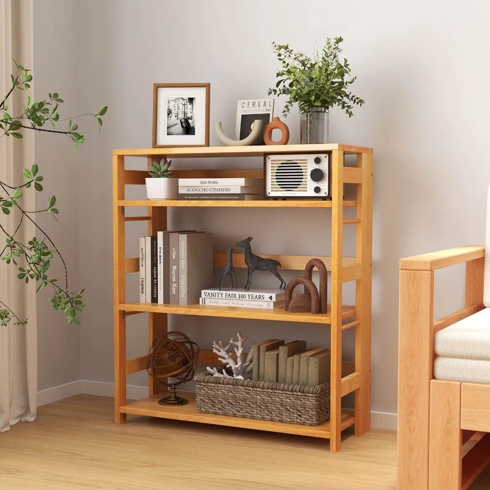 4-Tier Bookshelf Floor Storage Shelf w/ Rubber Wood Frame Anti-Toppling Kits