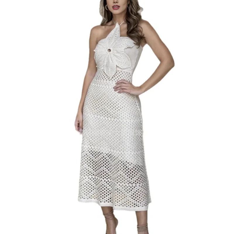 Women's Sexy Halter Neck Backless Long Knit Dress Beach Swimsuit Hollow out Crochet Bikini Cover-Up Summer Swimwear