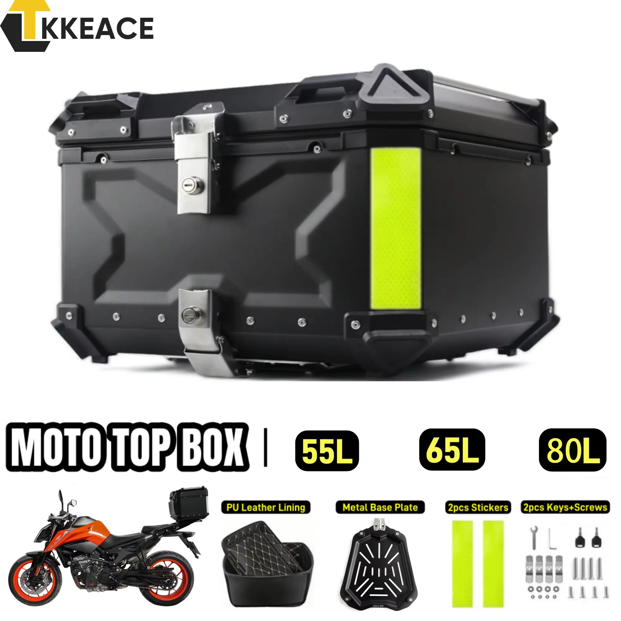 TKKEACE 65L/55L/80L boîte arrière de coffre de moto universelle boîte supérieure en aluminium fixation rétractable et mécanisme d'attache de sécurité boîtier supérieur étanche boîte de casque