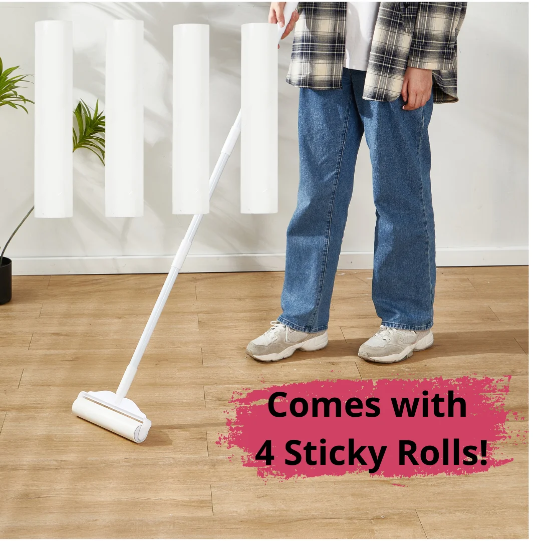 48 Inch Long Handle Lint Roller Set with Four Refills, Large Adhesive Cleaner for Floors, Pet Hair, Clothes, Sofa, Carpet