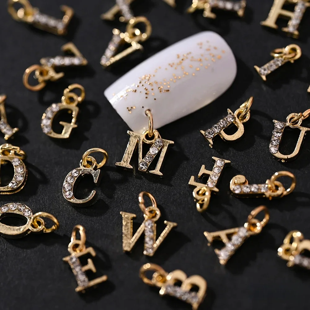10/26pcs percé cerceau alphabet 3D nail art breloques (0-9)/A-Z Dangle lettre ongles décorations or/argent numéro manucure pendentif