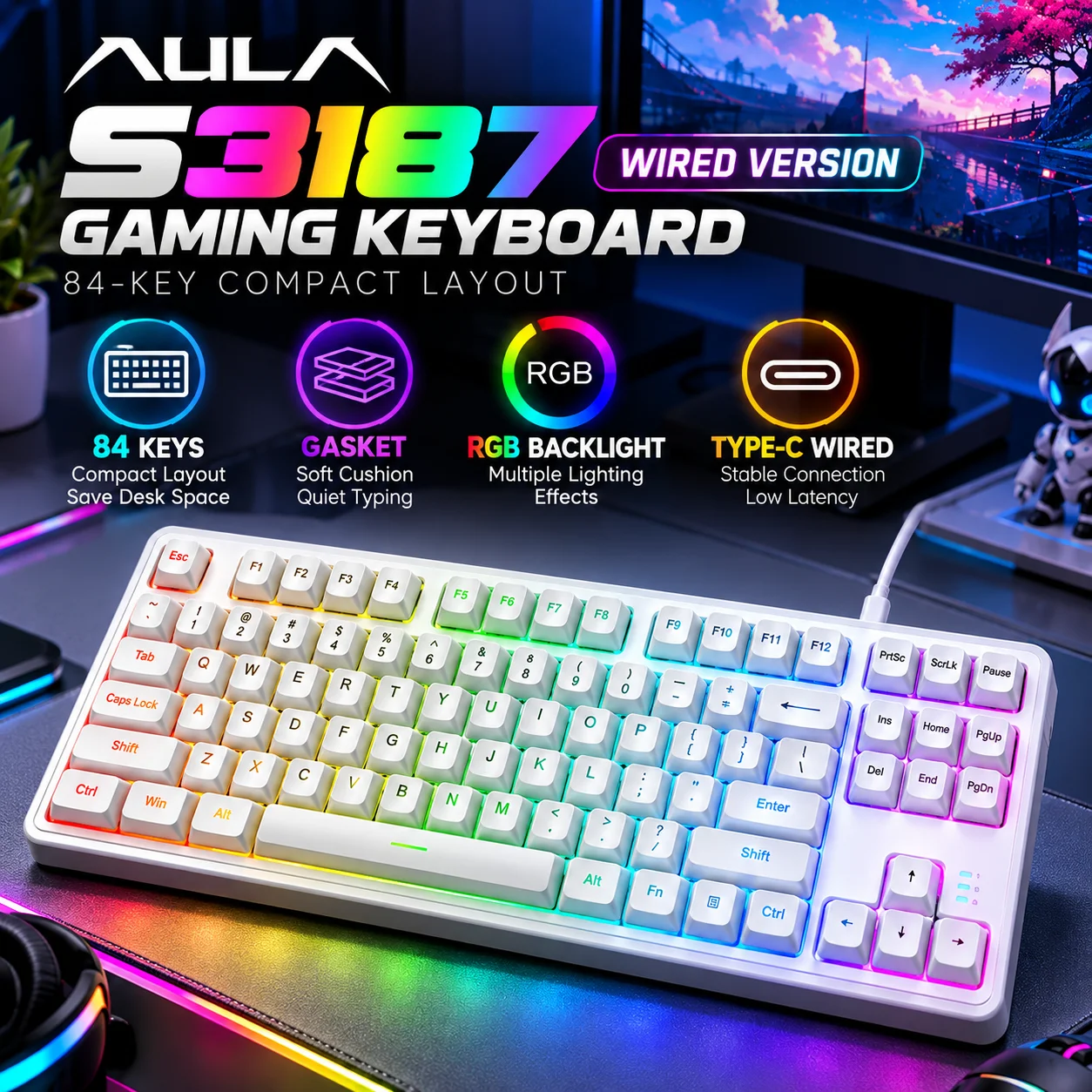 AULA S3187 Wired Gaming Keyboard 84 Keys Gasket Membrane Mechanical Feel RGB Type C Keyboard
