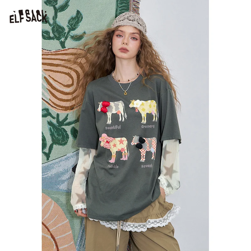 

ELFSACK 2024 Summer New Arrivals Mesh Splicing Printed Long Sleeve t-shirt