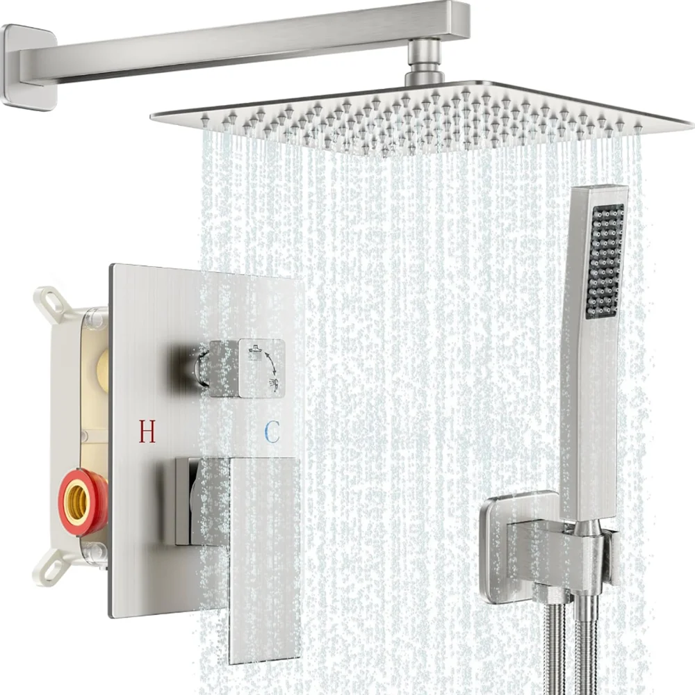Brushed Nickel In‑Wall Shower System Complete Kit with Solid Brass Rough‑in‑Valve, 10