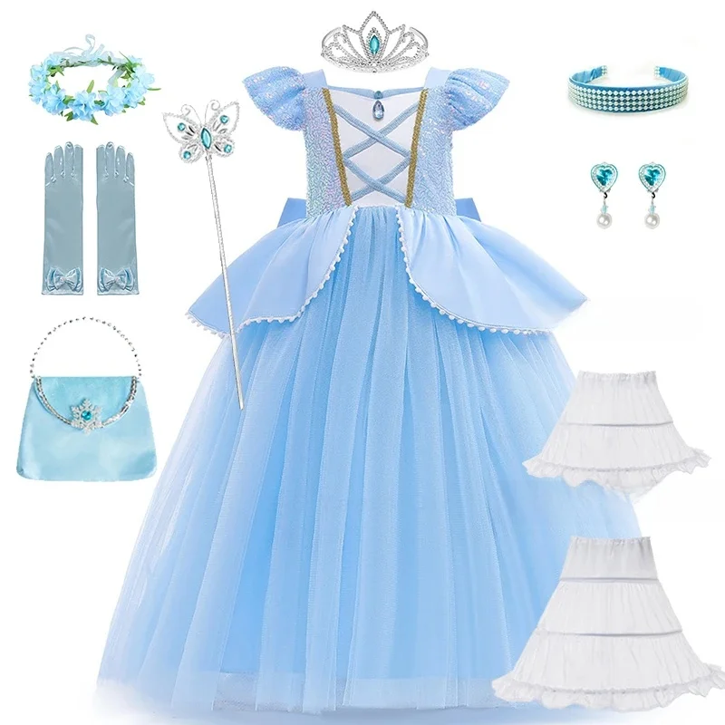 2-10Y Assepoester Jurk Prinses Cosplay Kostuum voor Meisjes Fancy Dress Up 2025, Kids Christmas Birthday Party Outfit met Handschoenen - afbeelding 2