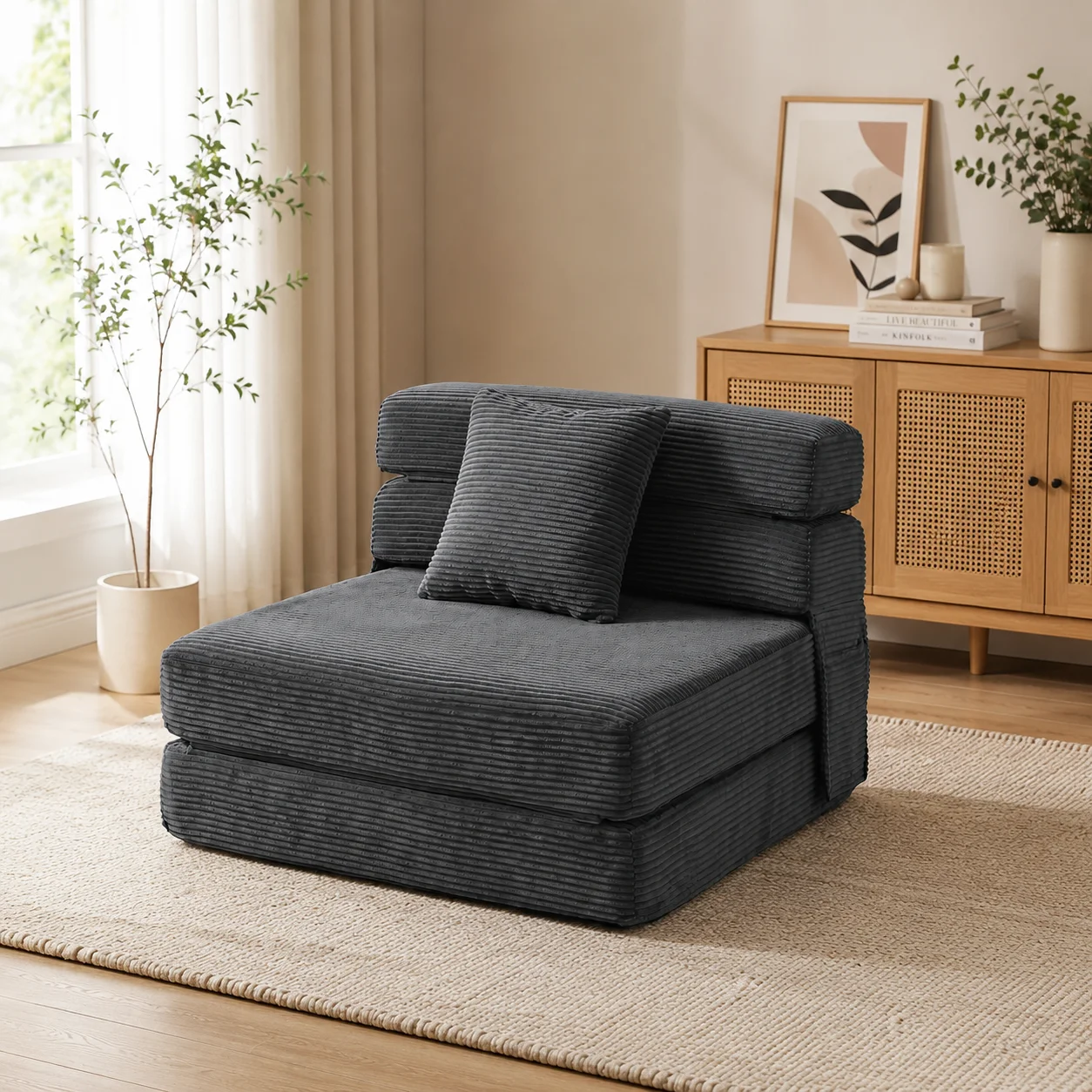 Fauteuil de sol Cloud 2 en 1 sans os, convertible en fauteuil pliant avec revêtement en velours côtelé et coussin lombaire, gris foncé