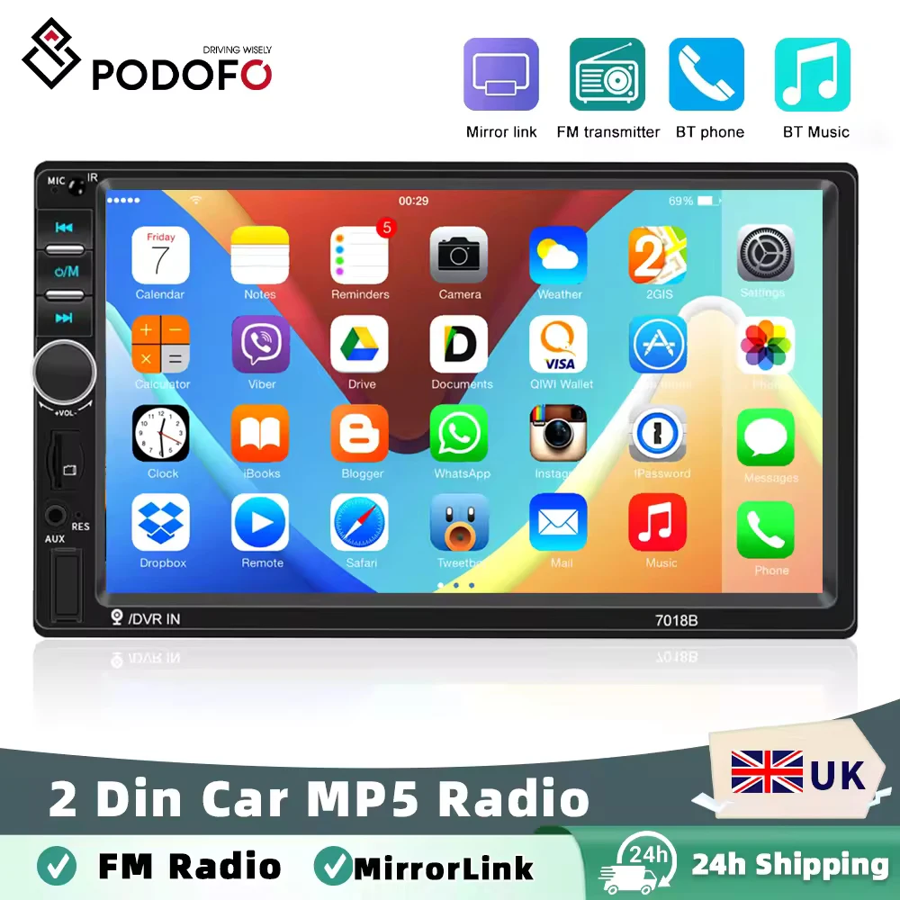 Podofo Car Radio Autoradio 7" 2 Din LCD Touch Screen Multimedia Player Audio Stereo Bluetooth Car Audio Support Mirror-Link