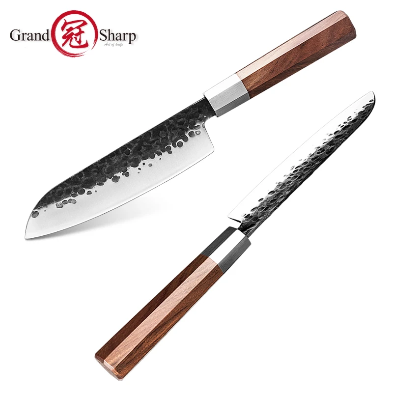 Hand forged Santoku Knife 7 inch High Carbon Steel Chef Kitchen Knives Slicing Cooking Tools Sashimi Sushi Cutting Wood Handle