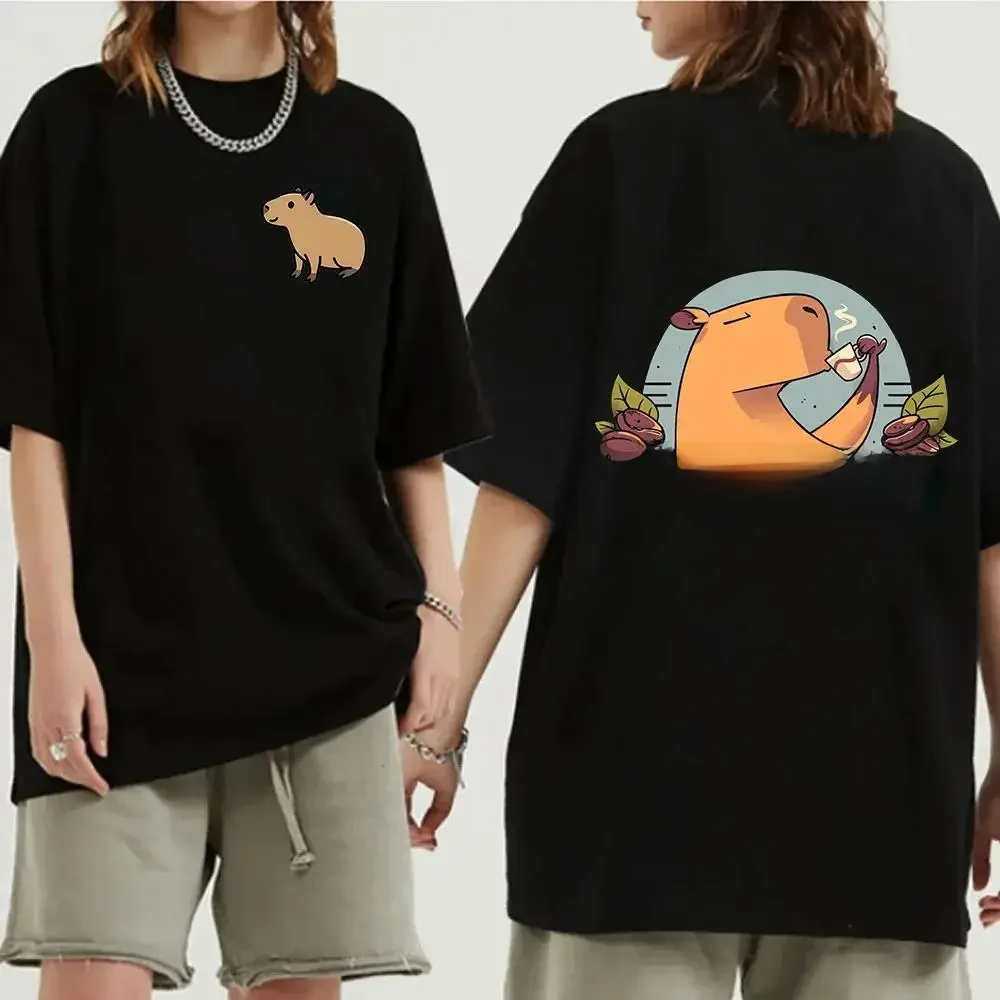 T-shirt unisexe en coton avec imprimé de dessin animé Capybara pour hommes et femmes, t-shirts Harajuku, animaux drôles, mode Y2K, grande taille