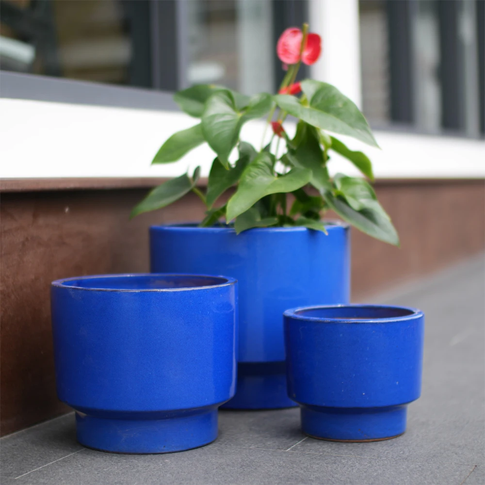 Handgemaakte bloempot van klei, driedelige set Ø 38,1/30,5/22,9 cm, monochroom blauw geglazuurde poreuze ademende keramische bloempot, geschikt voor tuinbloemen en vetplanten.