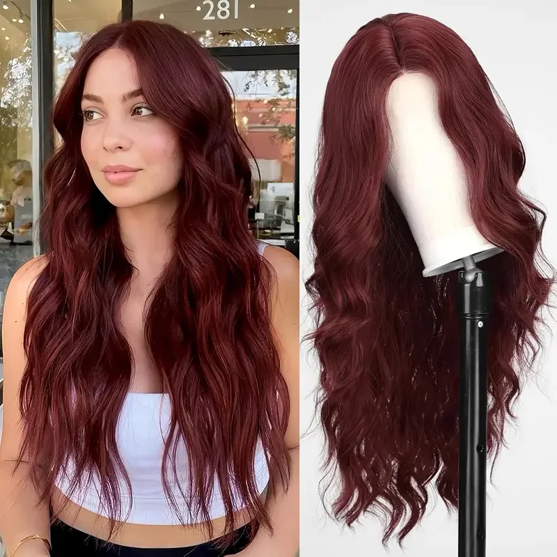 

Elegant Burgundy Wavy Curls Women's Wig, 26 Inch Artificial Heat Resistant Hairpiece, Suitable for Daily and Party Use