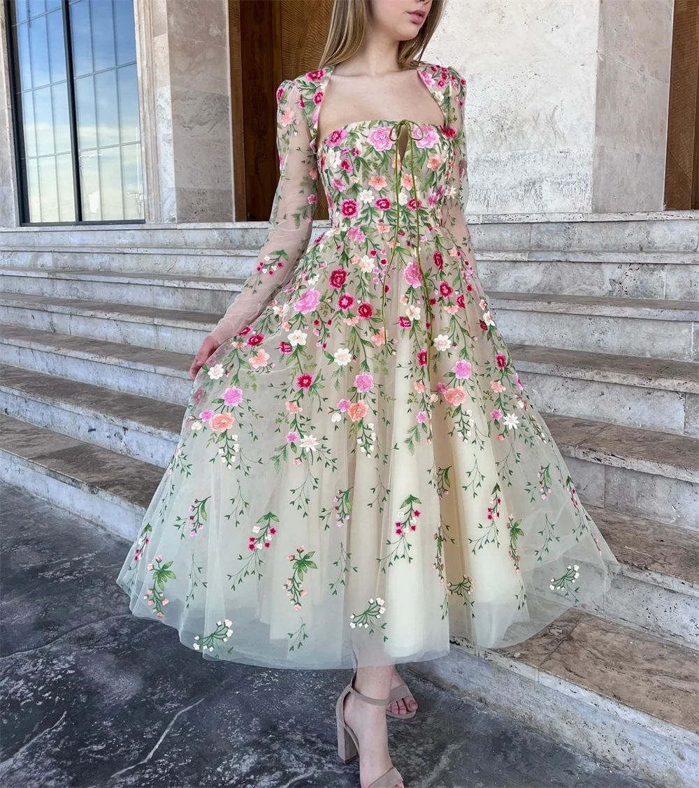 Amanda Flower A-line Evening Dress Sweet Knee Lenght Prom Dress 2023 Long Sleeve Party Dress Open Back  فساتين مناسبة رسمية