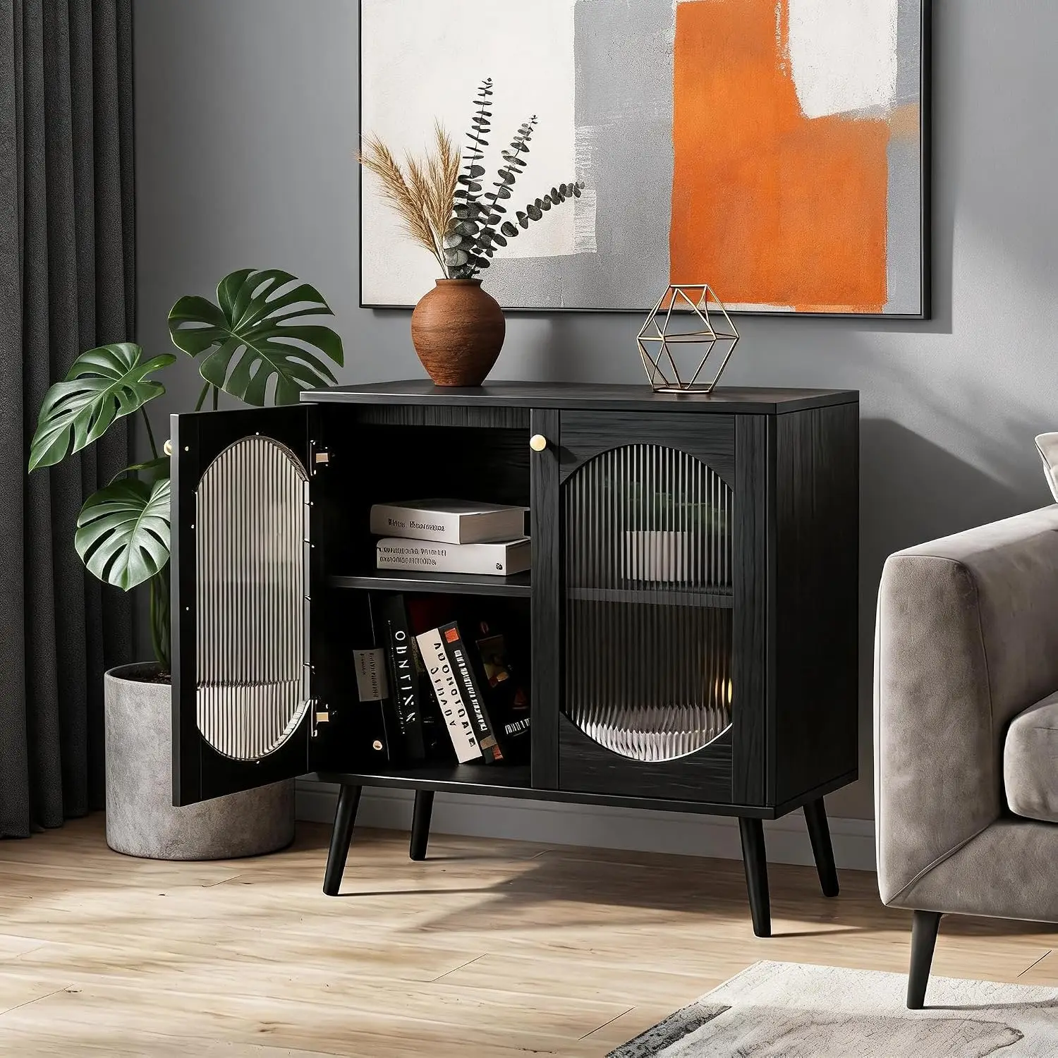 Mobile contenitore a due ante con ante in vetro goffrato – mobile contenitore per soggiorno, sala da pranzo, corridoio, mobile espositivo da terra con piano in laminato di legno, colore nero.