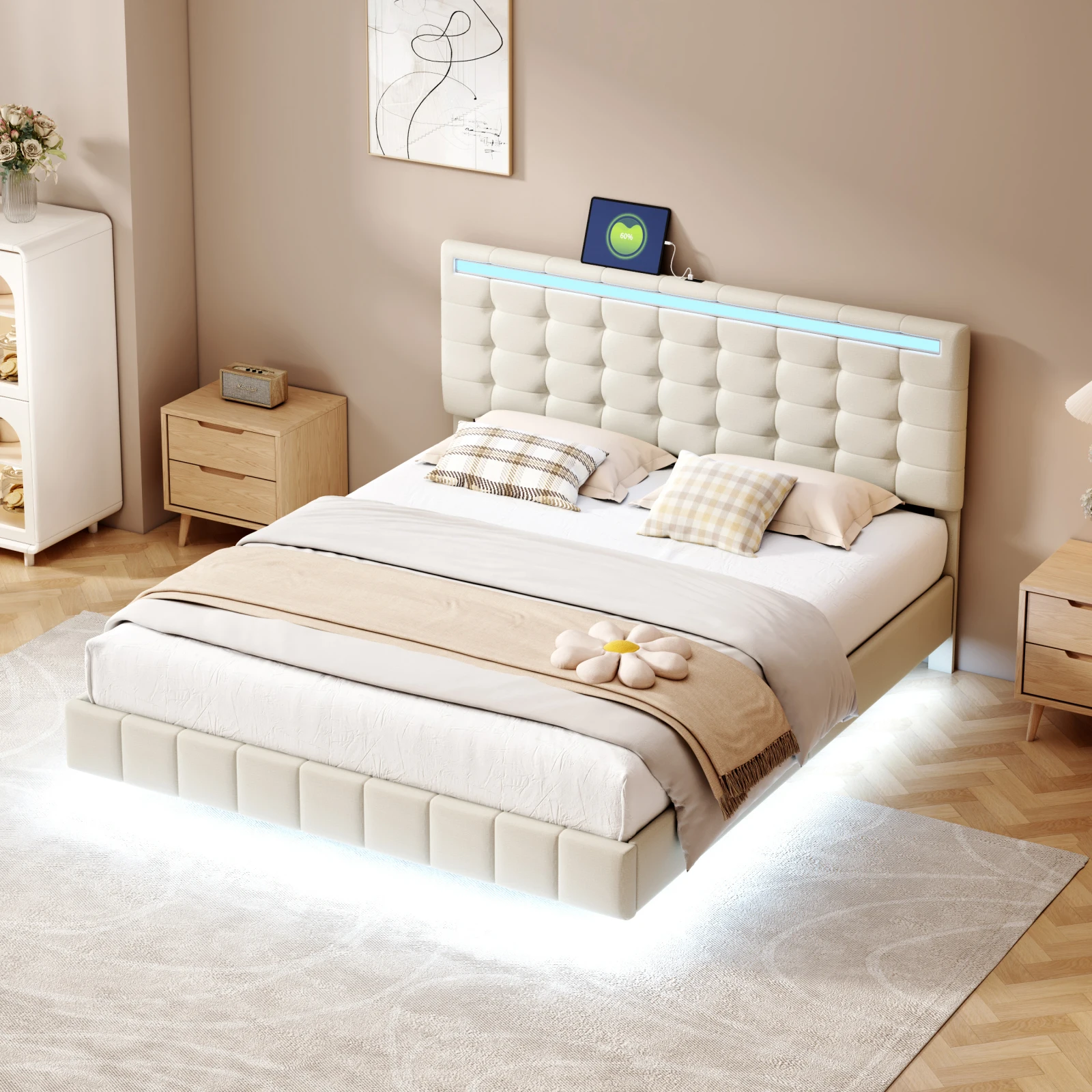 Lit rembourré Superaly 160x200cm avec lumières LED, lit flottant avec tête de lit réglable et sommier à lattes, lit double, lin, beige