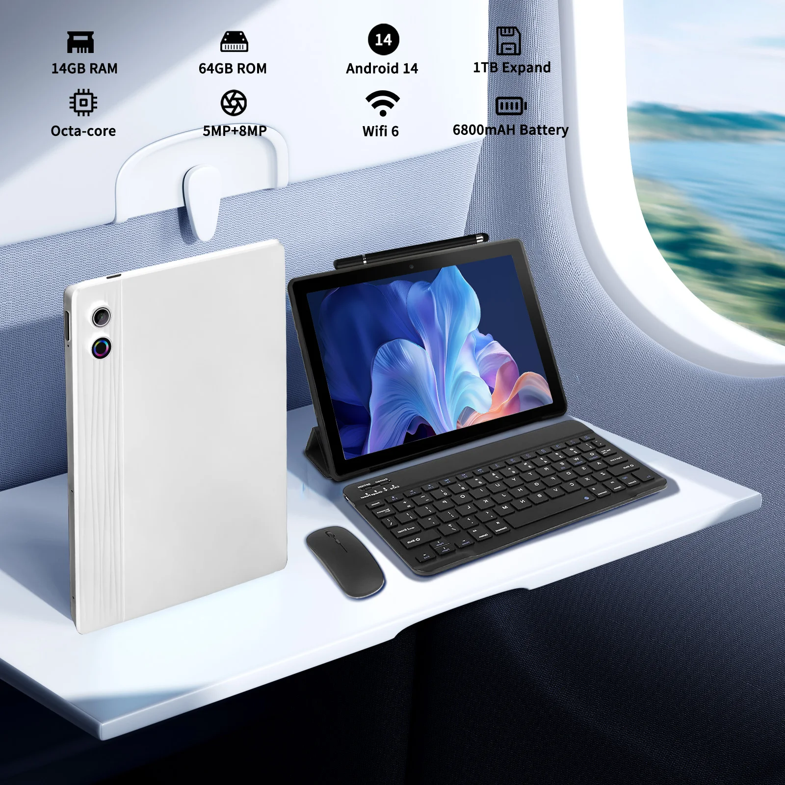 A7L 10.1-inch Android 14 Tablet 14GB RAM 64GB ROM Octa-Core Processor HD IPS WiFi Protective Case Pen Keyboard Mice Headphone