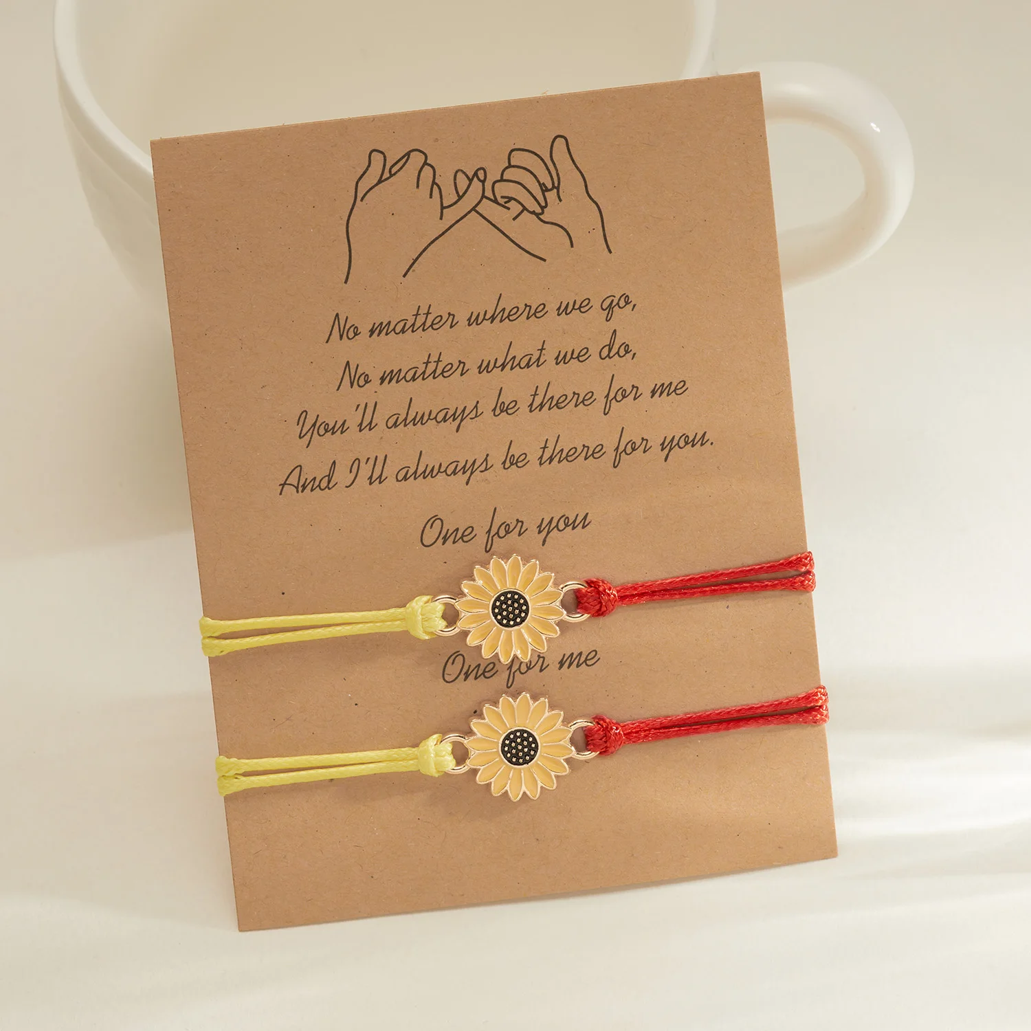 2pcs/set Sunflower Bracelet Daisy Flower Handmade Braided Rope Adjustable Charm Bracelets Couple Lover Promise Wish Card Jewelry
