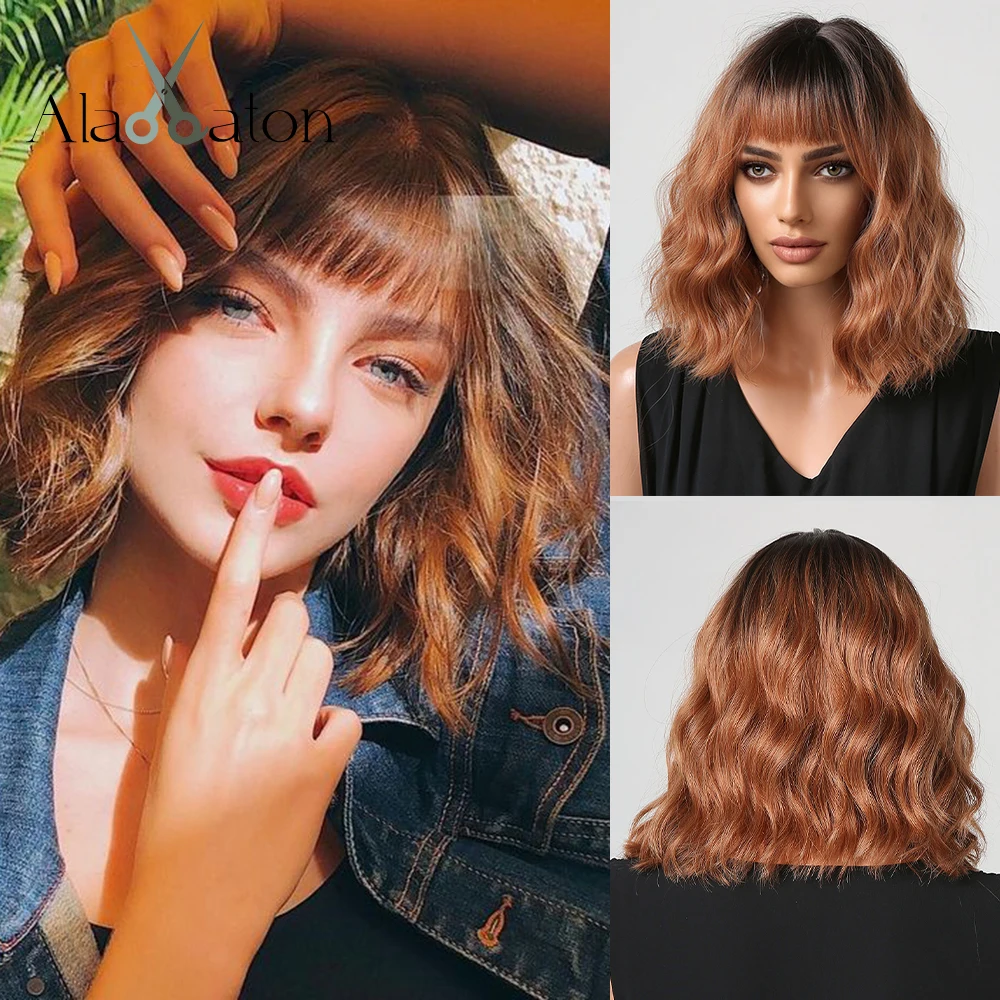 ALAN EATON Ombre Black Brown Orange Synthetic Bangs Wigs Short Wavy Bob Wigs for Women Natural Daily Cosplay Hair Heat Resistant