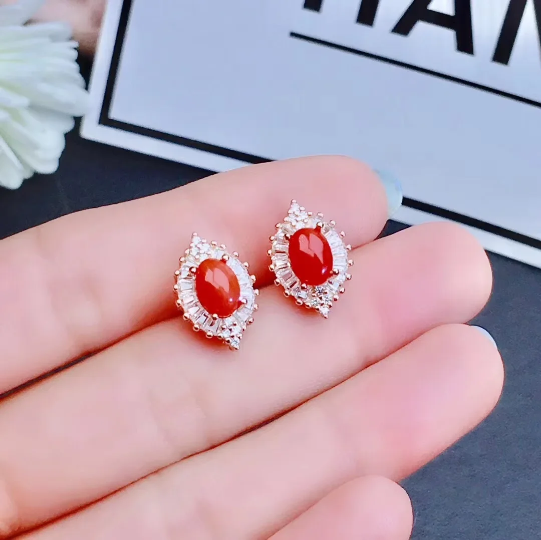 Jewelry Girl Natural Red Coral Pendant Necklace Ring Earnail Set 925 Pure Silver Plated Rose Gold Gift for Girlfriend Christmas, view 3