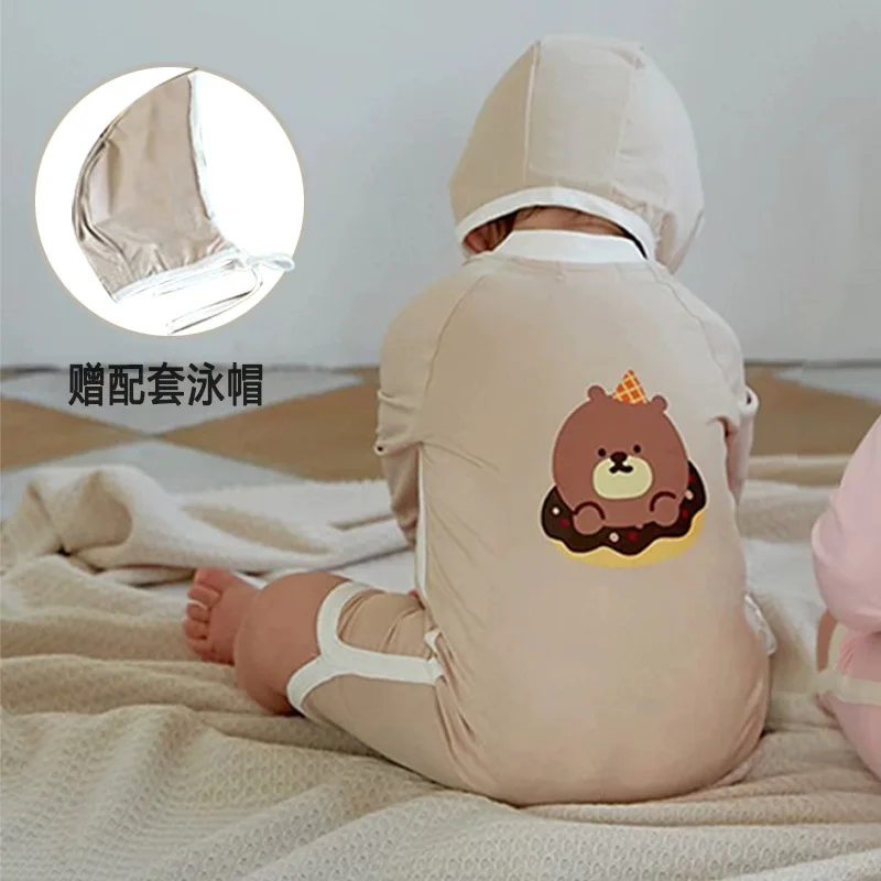 Korean Fashion Swimwear for Kids Boy Girl Cute Cartoon Rabbit Bear Swimsuit Swimming Hat Soft Long Sleeve Travel Beach Clothes