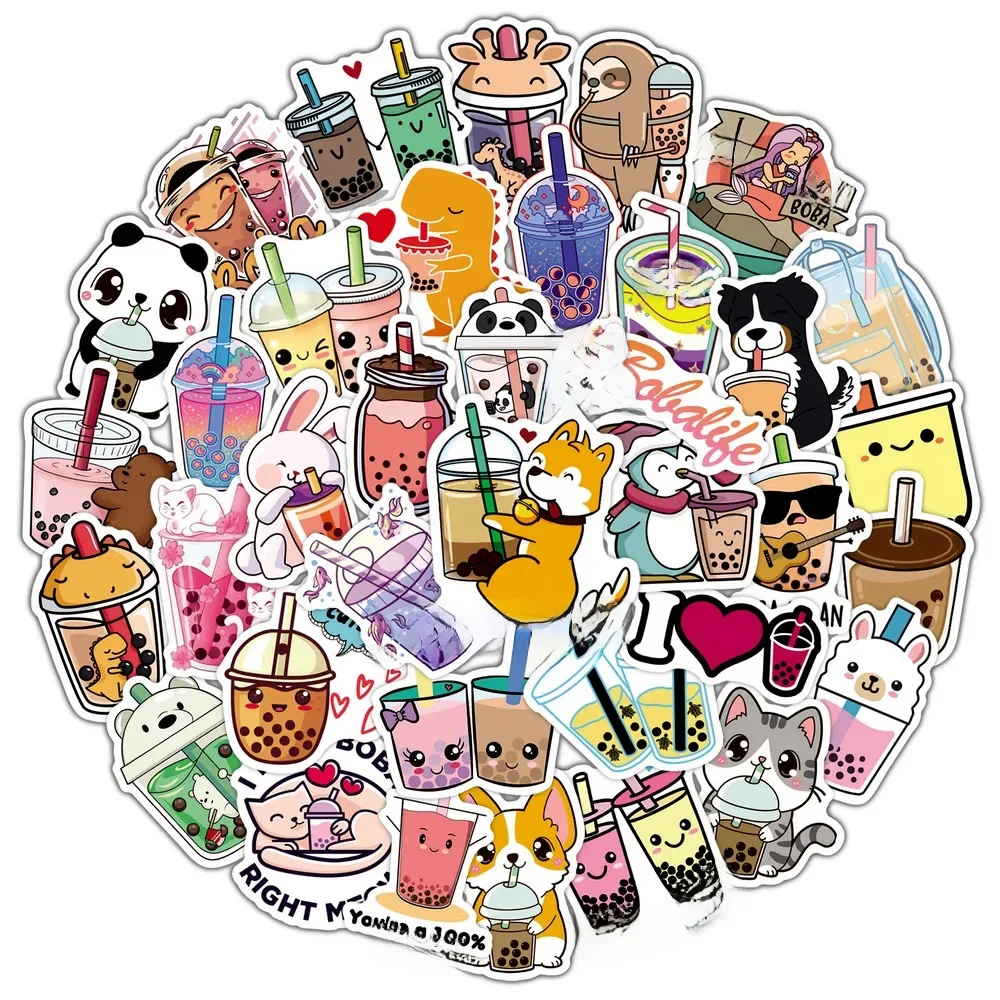 50pcs mignon thé perle lait bulle thé autocollants ordinateur portable coque de téléphone bouteille d'eau cahier dessin animé autocollant pour enfant jouet cadeau