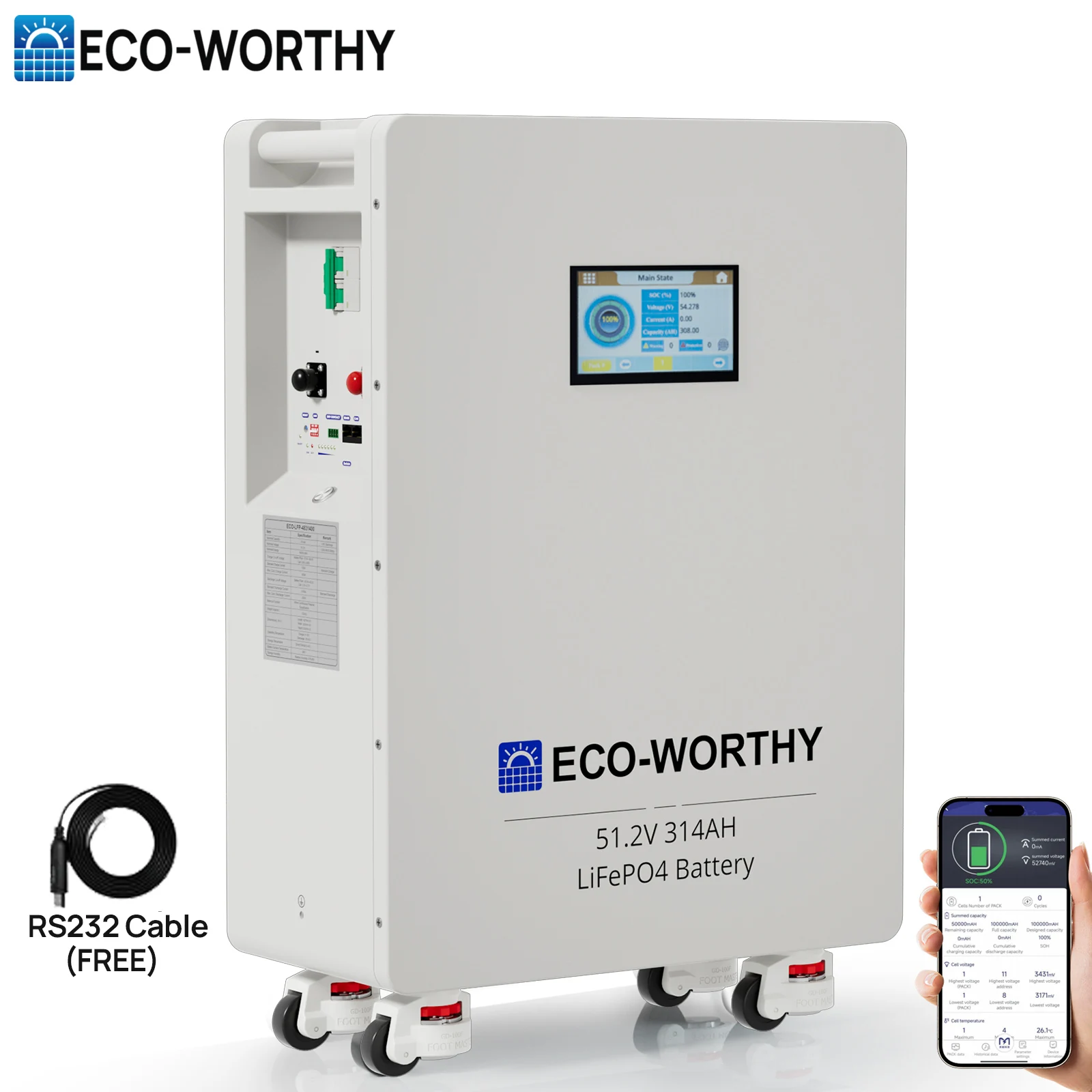 Eco-Worthy ECO-WORTHY 48V 314Ah LiFePO4 Lithium Battery,16.08kWh High Capacity Energy Storage,5-year Warranty,200A PACE BMS for Home Energy portable power station